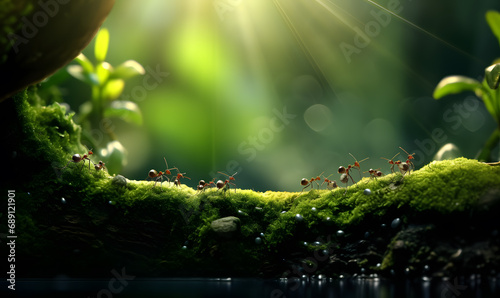 macro shot of red ants marching on the forest ground