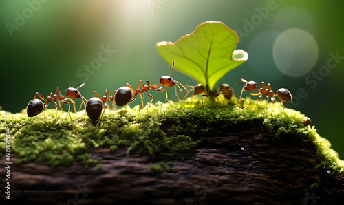 macro shot of red ants marching on the forest ground photo