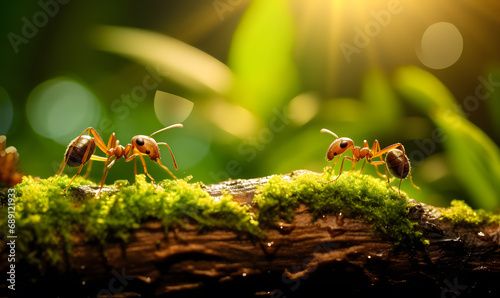 macro shot of red ants marching on the forest ground
