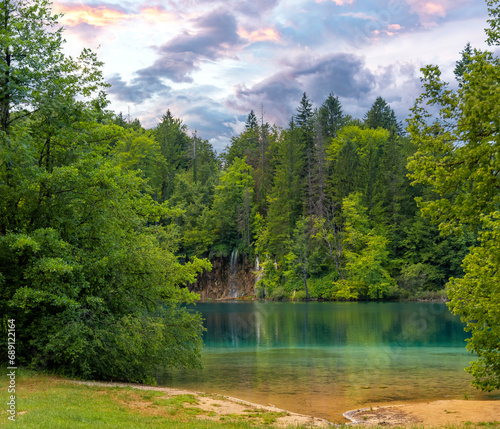 Picturesque lakes among forests and mountains. Plitvice Lakes  Croatia.