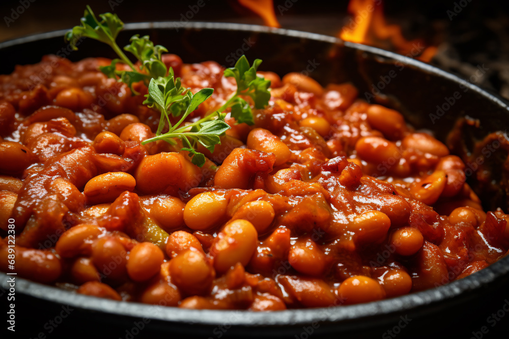 Close up of baked beans in pot Close up of baked beans in pot