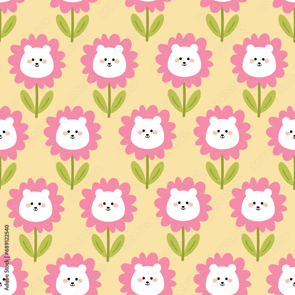 Seamless pattern of cute cartoon flowers and bear. cute wallpaper for gift wrapping paper, textile, colorful vector for children, flat style Seamless pattern of cute cartoon flowers and bear. cute wallpaper for gift wrapping paper, textile, colorful vector for children, flat style