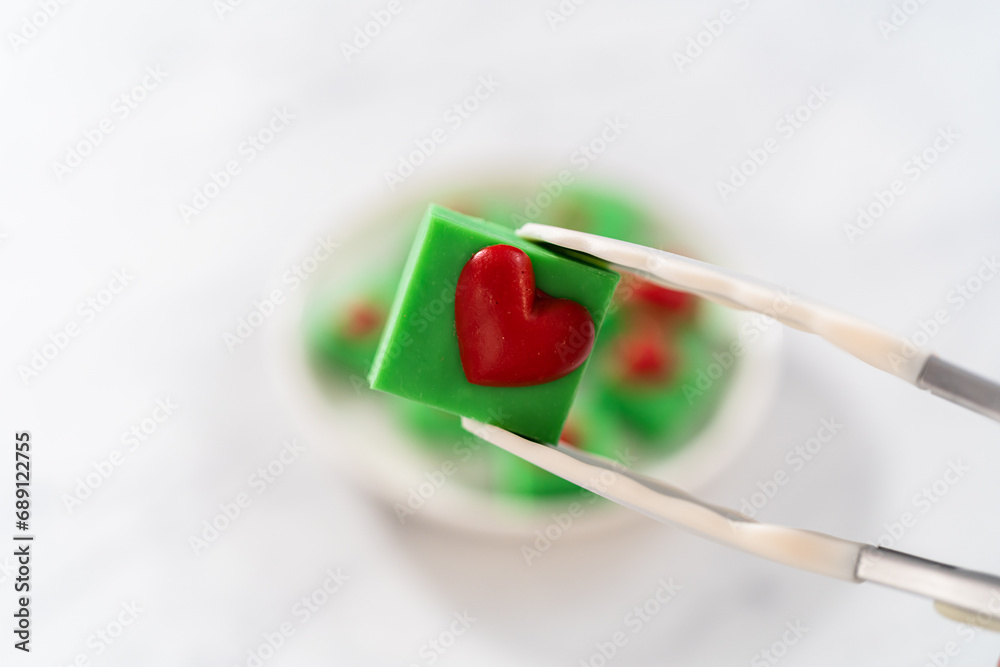 Green fudge with red hearts