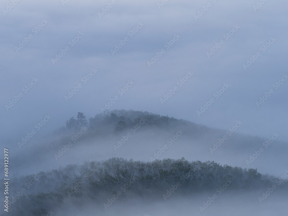 Morning mist flows through the mountains.