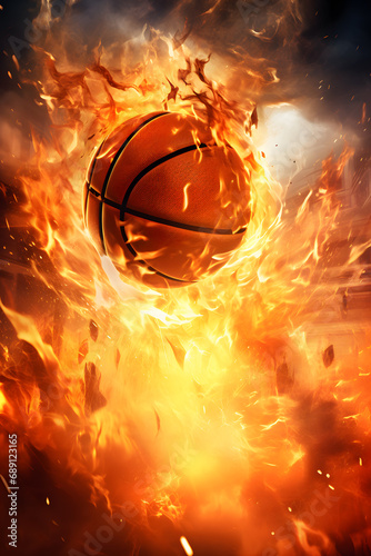 shot of burning basketball in flames background