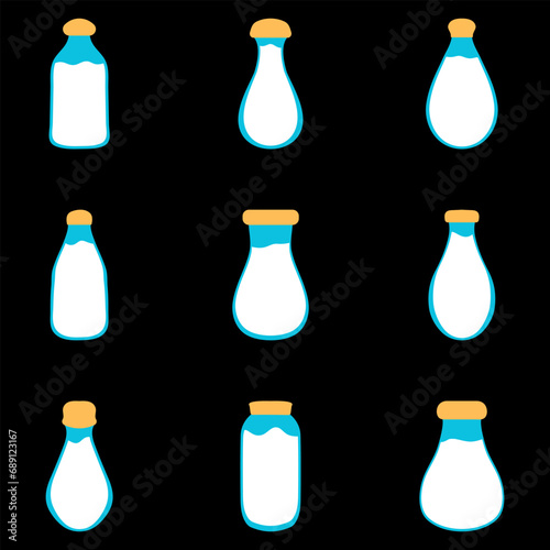 Milk in bottle icon set. Healthy drink product