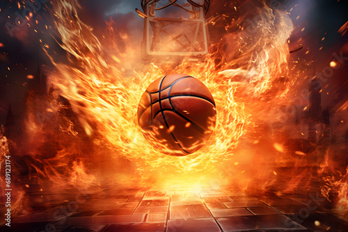 shot of burning basketball in flames background
