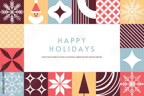 Modern Christmas geometric background. Holiday abstract illustration in scandinavian style. Patchwork card with snowflake and patterns elements. Fully editable color New Year card. Vector illustration