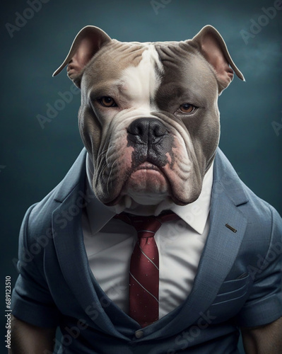 Portrait of a dog american bully with suit on the black background. Generative Ai