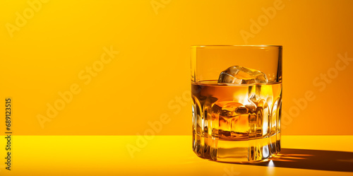 Glass of whisky with ice on table on yellow background with copy space.