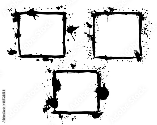 Grunge ink blot frames set with streaks,splashes,spots,dots,streaks.Abstract spot cadre.Splatters of paint, watercolor stain.Use texture for the design of postcards,banners,posters. Isolated.Vector