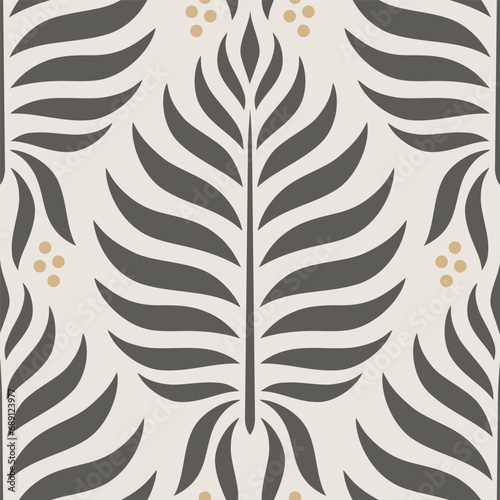 Obraz na płótnie WebElegant geometric blooming leaves and berries. Abstract botanical elements vector illustration. Colorful brown beige gold seamless pattern on light background. w salonie