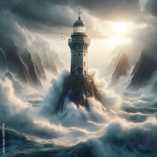 lighthouse on coast in storm day