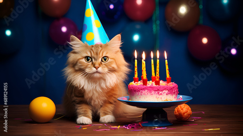 cute cat wearing a birthday hat, sitting next to a birthday cake © l1gend