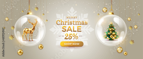 Merry Christmas sale promotion poster banner with christmas tree, deer and 25% off discount in a shining glass Christmas baubles - vector illustration festive holiday gold color background
