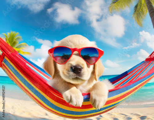 Golden retriever puppy with sunglasses lying in a hammock on the beach