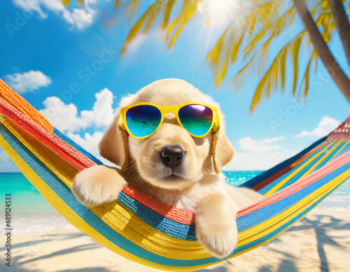 Golden retriever puppy with sunglasses lying in a hammock on the beach photo