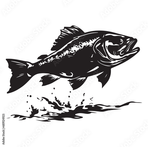 salmon silhouette in line art style.Fish vector by hand drawing.Fish tattoo on white background.Black and white fish vector on white background.Salmon fish sketch for coloring book.