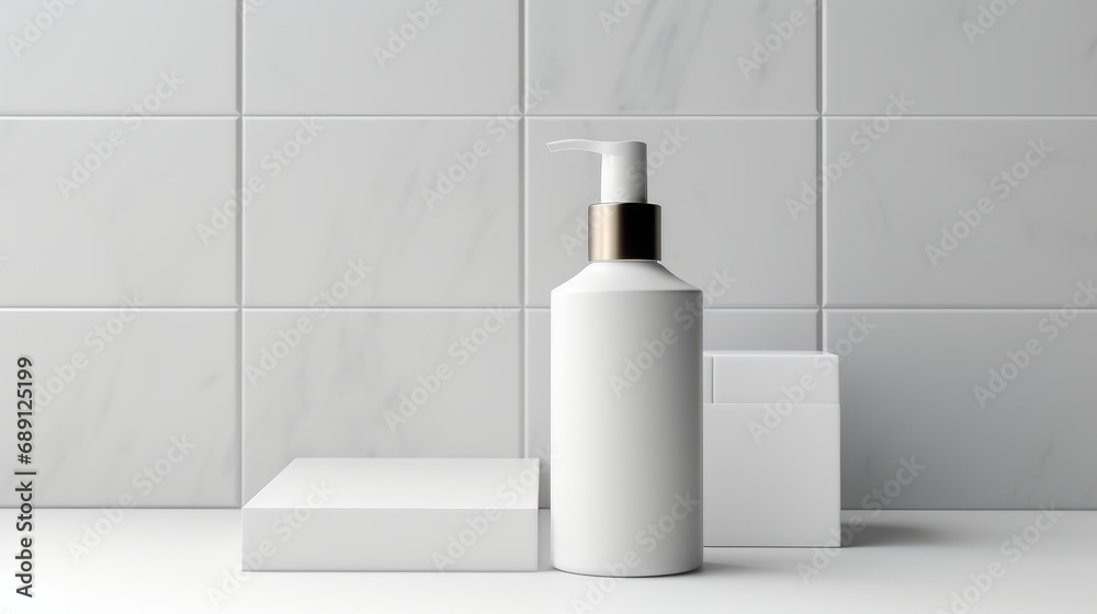 3D mockup products of White empty cosmetic products, white soap lotion, shampoo or shower gel, mockup and bottles in the style of light gray and white in modern bathroom interior Free Copy Space 3D mockup products of White empty cosmetic products, white soap lotion, shampoo or shower gel, mockup and bottles in the style of light gray and white in modern bathroom interior Free Copy Space