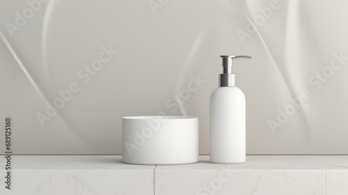 3D mockup products of White empty cosmetic products  white soap lotion  shampoo or shower gel  mockup and bottles in the style of light gray and white in modern bathroom interior Free Copy Space