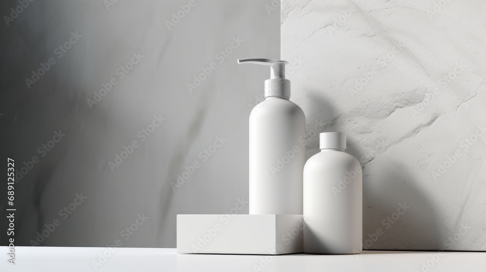 3D mockup products of White empty cosmetic products, white soap lotion, shampoo or shower gel, mockup and bottles in the style of light gray and white in modern bathroom interior Free Copy Space 3D mockup products of White empty cosmetic products, white soap lotion, shampoo or shower gel, mockup and bottles in the style of light gray and white in modern bathroom interior Free Copy Space
