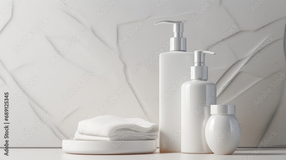 3D mockup products of White empty cosmetic products, white soap lotion, shampoo or shower gel, mockup and bottles in the style of light gray and white in modern bathroom interior Free Copy Space 3D mockup products of White empty cosmetic products, white soap lotion, shampoo or shower gel, mockup and bottles in the style of light gray and white in modern bathroom interior Free Copy Space