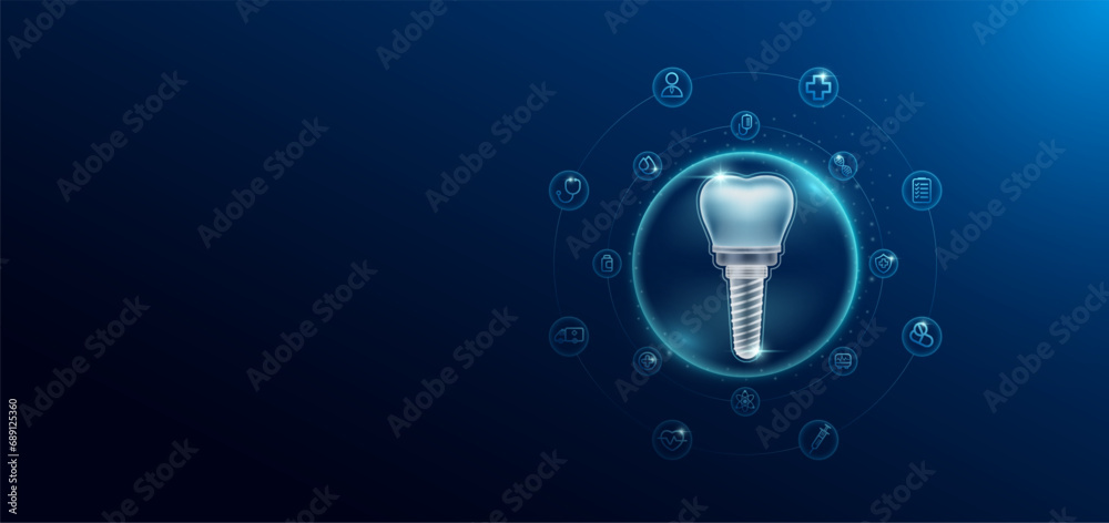 Medical health care. Dental implant in transparent bubbles surround with medical icon. Technology innovation healthcare hologram organ on dark blue background. Banner empty space for text. Vector. Medical health care. Dental implant in transparent bubbles surround with medical icon. Technology innovation healthcare hologram organ on dark blue background. Banner empty space for text. Vector.