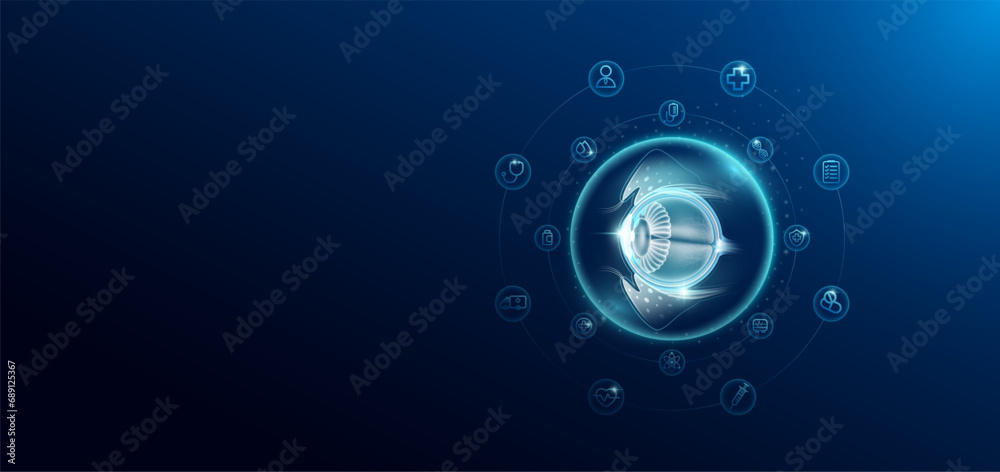 Medical health care. Human eyeball in transparent bubbles surround with medical icon. Technology innovation healthcare hologram organ on dark blue background. Banner empty space for text. Vector. - obrazy, fototapety, plakaty 