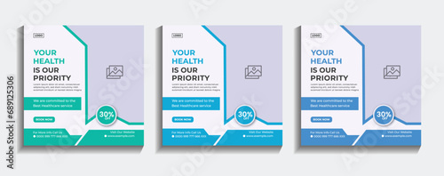 Healthcare medical service social media post template design. Doctor's care, Clinic, or hospital's digital marketing ads for health business promotion banner and web flyer templates.