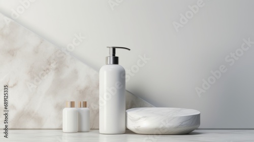 3D mockup products of White empty cosmetic products, white soap lotion, shampoo or shower gel, mockup and bottles in the style of light gray and white in modern bathroom interior Free Copy Space photo