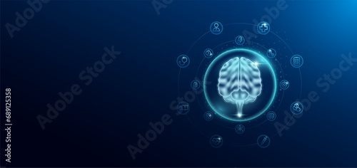 Medical health care. Human brain in transparent bubbles surround with medical icon. Technology innovation healthcare hologram organ on dark blue background. Banner empty space for text. Vector.