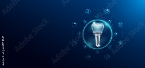 Medical health care. Dental implant in transparent bubbles surround with medical icon. Technology innovation healthcare hologram organ on dark blue background. Banner empty space for text. Vector.