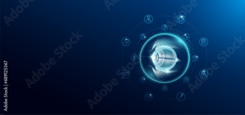Medical health care. Human eyeball in transparent bubbles surround with medical icon. Technology innovation healthcare hologram organ on dark blue background. Banner empty space for text. Vector.