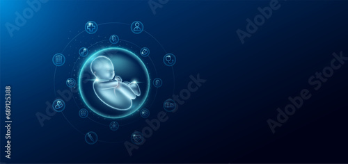 Medical health care. Fetus in transparent bubbles surround with medical icon. Technology innovation healthcare hologram organ on dark blue background. Banner empty space for text. Vector.