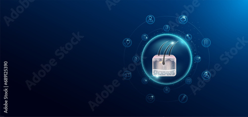Medical health care. Hair skin cell in transparent bubbles surround with medical icon. Technology innovation healthcare hologram organ on dark blue background. Banner empty space for text. Vector.