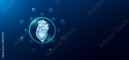 Medical health care. Human heart in transparent bubbles surround with medical icon. Technology innovation healthcare hologram organ on dark blue background. Banner empty space for text. Vector.