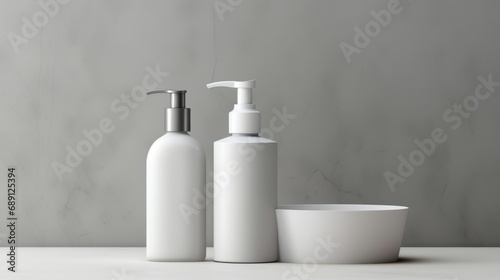 3D mockup products of White empty cosmetic products, white soap lotion, shampoo or shower gel, mockup and bottles in the style of light gray and white in modern bathroom interior Free Copy Space