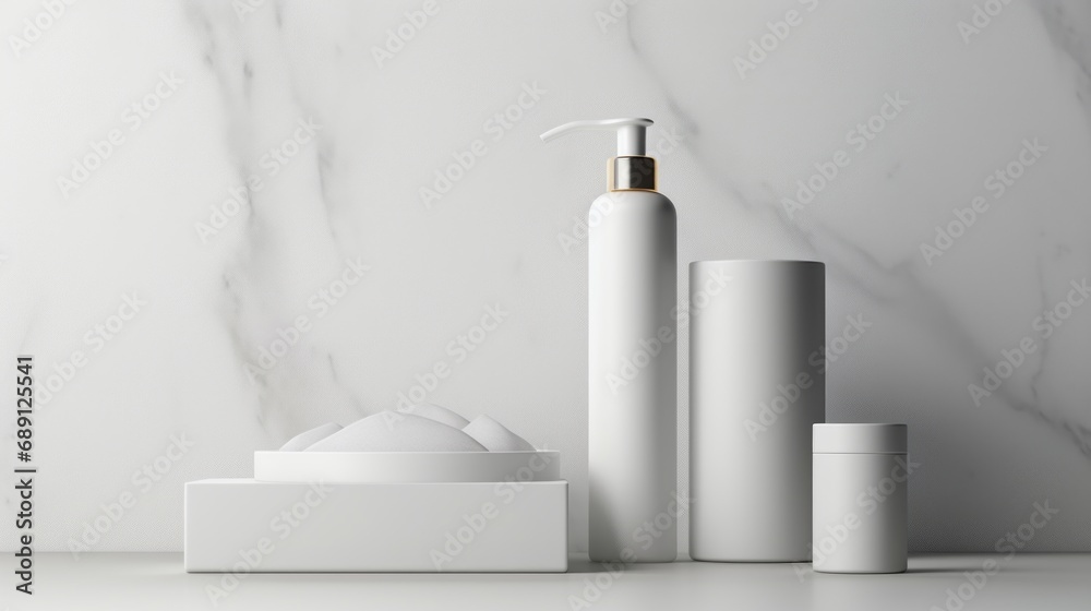 3D mockup products of White empty cosmetic products, white soap lotion, shampoo or shower gel, mockup and bottles in the style of light gray and white in modern bathroom interior Free Copy Space 3D mockup products of White empty cosmetic products, white soap lotion, shampoo or shower gel, mockup and bottles in the style of light gray and white in modern bathroom interior Free Copy Space