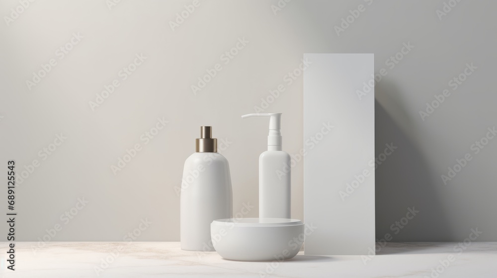 3D mockup products of White empty cosmetic products, white soap lotion, shampoo or shower gel, mockup and bottles in the style of light gray and white in modern bathroom interior Free Copy Space