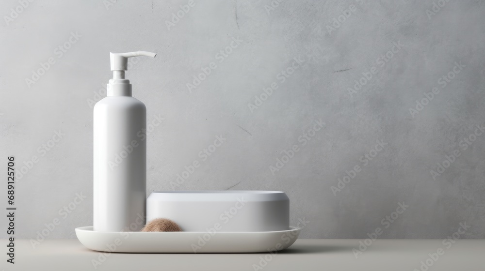 Fototapeta premium 3D mockup products of White empty cosmetic products, white soap lotion, shampoo or shower gel, mockup and bottles in the style of light gray and white in modern bathroom interior Free Copy Space