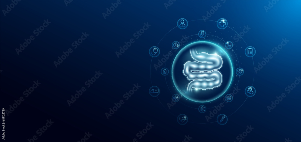 Medical health care. Small intestine in transparent bubbles surround with medical icon. Technology innovation healthcare hologram organ on dark blue background. Banner empty space for text. Vector. - obrazy, fototapety, plakaty 
