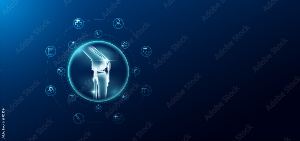 Medical health care. Knee joint bone in transparent bubbles surround with medical icon. Technology innovation healthcare hologram organ on dark blue background. Banner empty space for text. Vector. - obrazy, fototapety, plakaty 