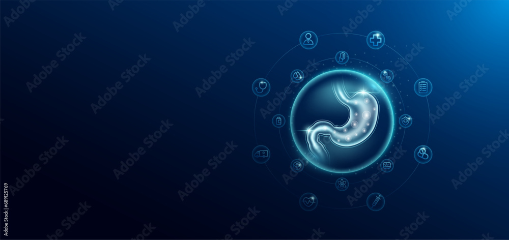 Medical health care. Human stomach in transparent bubbles surround with medical icon. Technology innovation healthcare hologram organ on dark blue background. Banner empty space for text. Vector. - obrazy, fototapety, plakaty 