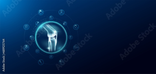 Medical health care. Knee joint bone in transparent bubbles surround with medical icon. Technology innovation healthcare hologram organ on dark blue background. Banner empty space for text. Vector. photo