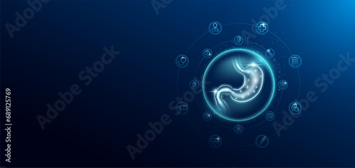 Medical health care. Human stomach in transparent bubbles surround with medical icon. Technology innovation healthcare hologram organ on dark blue background. Banner empty space for text. Vector. photo