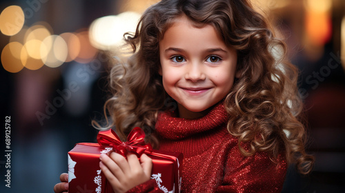 A little smiling girl holds a gift in a red box in her hands  stands against the backdrop of lights at a Christmas market. Holidays concept