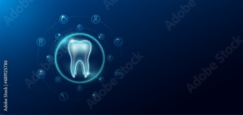 Medical health care. Human tooth in transparent bubbles surround with medical icon. Technology innovation healthcare hologram organ on dark blue background. Banner empty space for text. Vector.
