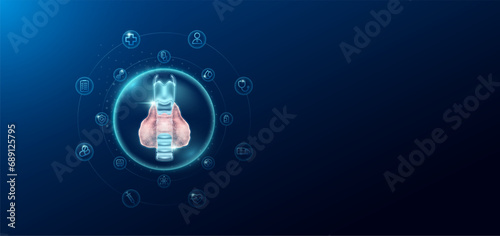 Medical health care. Thyroid gland in transparent bubbles surround with medical icon. Technology innovation healthcare hologram organ on dark blue background. Banner empty space for text. Vector.