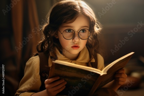 little girl has glasses and is reading a book