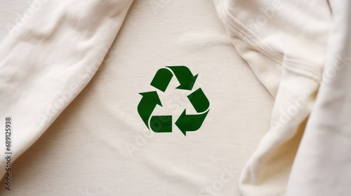 Green recycle logo on white recycled cotton tshirt, Recycled clothing ecological concept, Climate change global warming recycling concept, ESG 2050 Carbon Neutrality goals